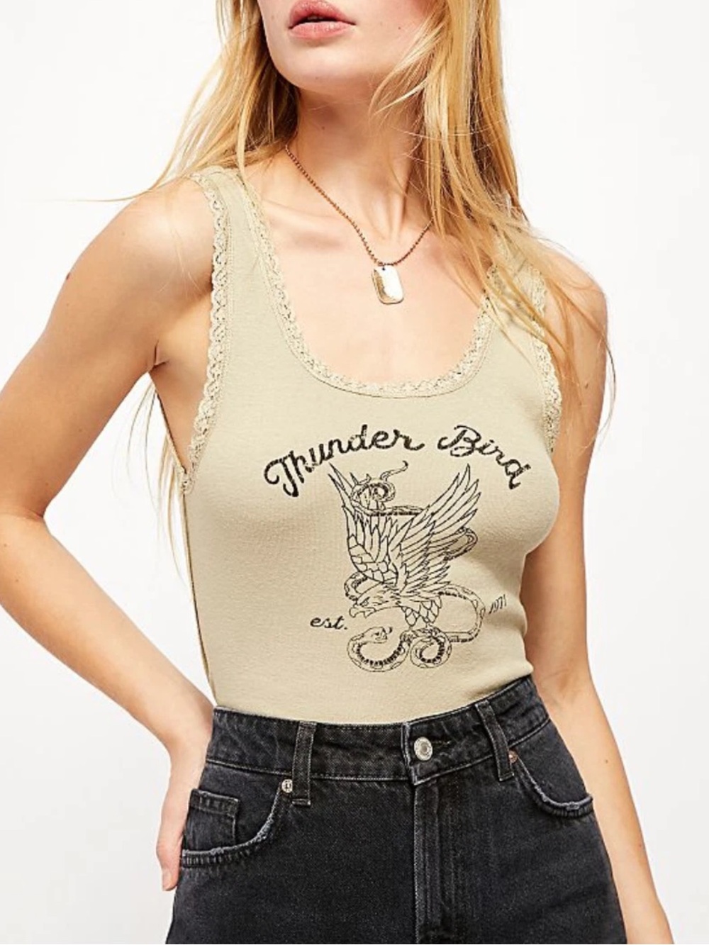 Free People We the Free Thunder Bird Graphic Lace-Trim Tank Top. Cotton/linen. M